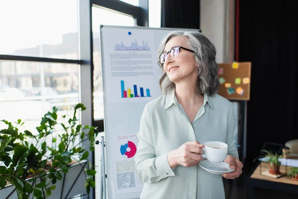 Mujer de negocios alegre en gafas con taza de café cerca de rotafolio en la oficina - foto de stock