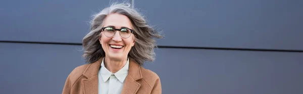Alegre mujer de negocios de pelo gris con abrigo y anteojos sonriendo a la cámara al aire libre, pancarta - foto de stock