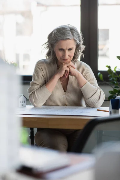 Grey haired businesswoman looking at blueprint near models of houses in office — Stock Photo