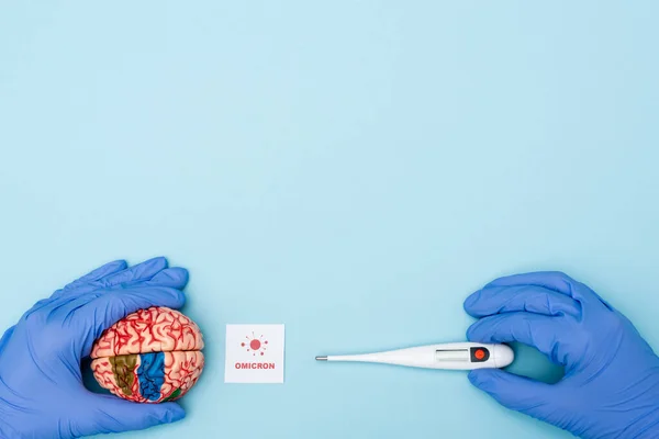Vista recortada del médico con termómetro y modelo cerebral cerca de la tarjeta con letras omicrónicas y bacterias en azul - foto de stock