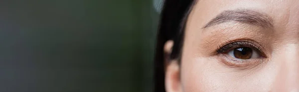 Recortado vista de asiático mujer mirando cámara, ojo cuidado concepto, bandera - foto de stock