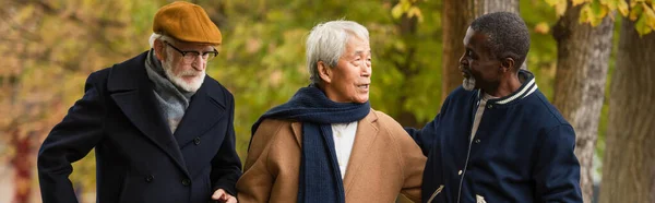 Багатоетнічні старші друзі розмовляють під час прогулянки по вулиці, банер — стокове фото