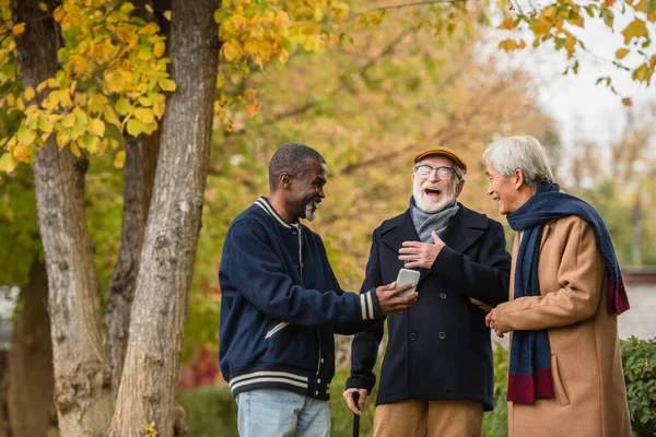 Uomini anziani multietnici in piedi vicino amico afroamericano mostrando smartphone nel parco autunnale — Foto stock