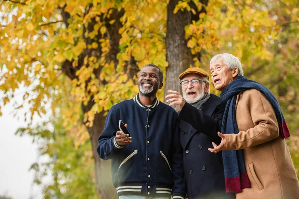Hombres mayores multiétnicos sonrientes con smartphone mirando hacia otro lado en el parque de otoño - foto de stock