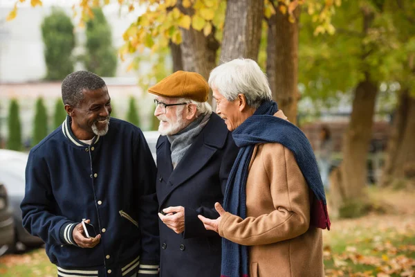 Улыбающиеся межрасовые мужчины со смартфоном разговаривают в осеннем парке — стоковое фото