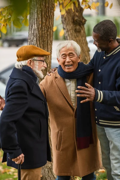 Asiático hombre abrazando interracial senior amigos en otoño parque - foto de stock