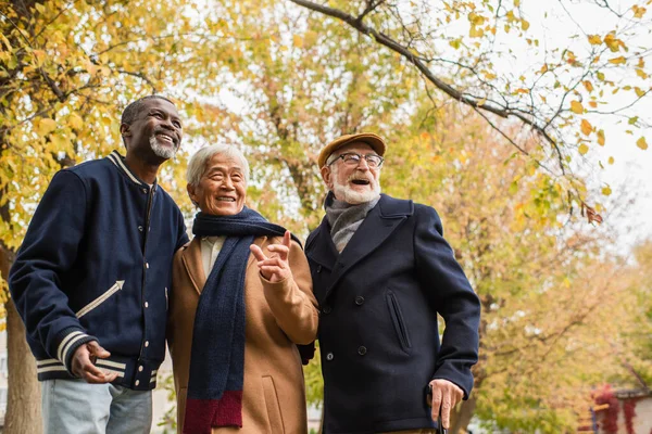 Sorridente asiatico uomo che punta con il dito vicino allegro interrazziale amici in autunno parco — Foto stock