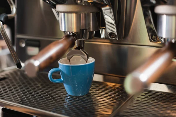 Cup near portafilter of coffee machine in cafe — Stock Photo