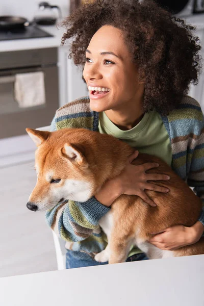 Overjoyed african american woman looking away while hugging shiba inu dog in kitchen — Stock Photo