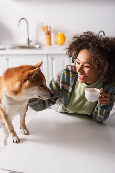 Веселая африканская американка держит чашку кофе рядом с шиба ину собака на кухне — стоковое фото