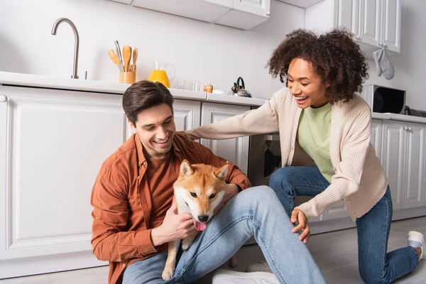 Étonnante femme afro-américaine près heureux petit ami assis avec shiba inu chien sur le sol de la cuisine — Photo de stock