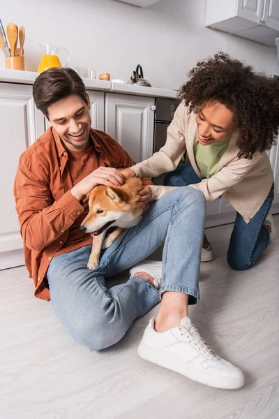 Lächelnder Mann sitzt mit Shuba-Inu-Hund in der Nähe einer glücklichen afrikanisch-amerikanischen Freundin auf dem Küchenboden — Stockfoto