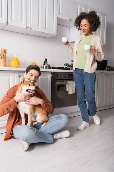 Mujer afroamericana sosteniendo tazas de café mientras su novio se divierte con el perro shiba inu en el suelo en la cocina - foto de stock