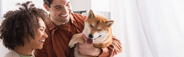 Shiba inu dog sticking out tongue near joyful interracial couple in kitchen, banner — Stock Photo