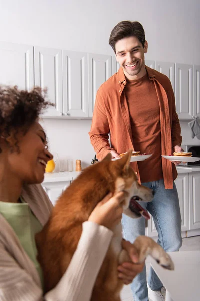 Sorrindo homem segurando panquecas perto de mulher afro-americana borrada abraçando shiba inu cão — Fotografia de Stock