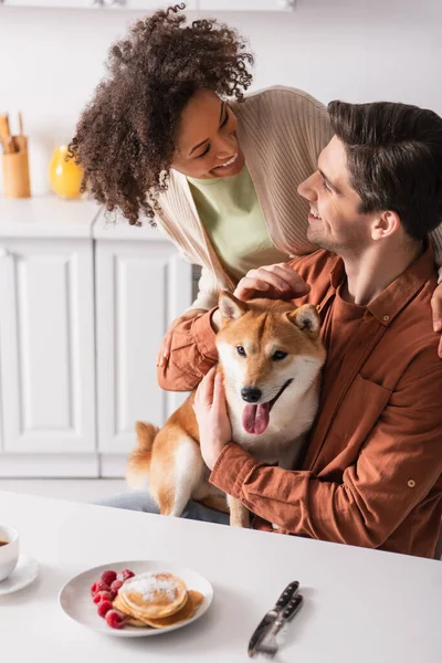 Shiba inu cão saindo língua perto de panquecas e feliz casal interracial — Fotografia de Stock