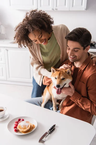 Cheerful interracial couple cuddling shiba inu dog near pancakes with raspberries in kitchen — Stock Photo