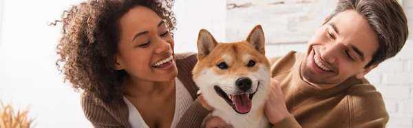 Casal multiétnico sorrindo enquanto acaricia shiba inu em casa, banner — Fotografia de Stock