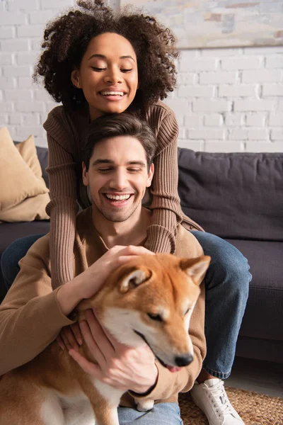 Young african american woman petting shiba inu with boyfriend at home — Stock Photo