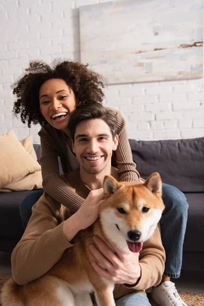 Cheerful interracial couple looking at camera near shiba inu at home — Stock Photo