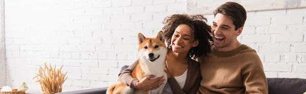 Hombre feliz mirando a la novia afroamericana sonriente con shiba inu en casa, pancarta - foto de stock