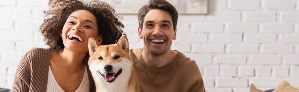 Cheerful multiethnic couple looking away near shiba inu at home, banner — Stock Photo