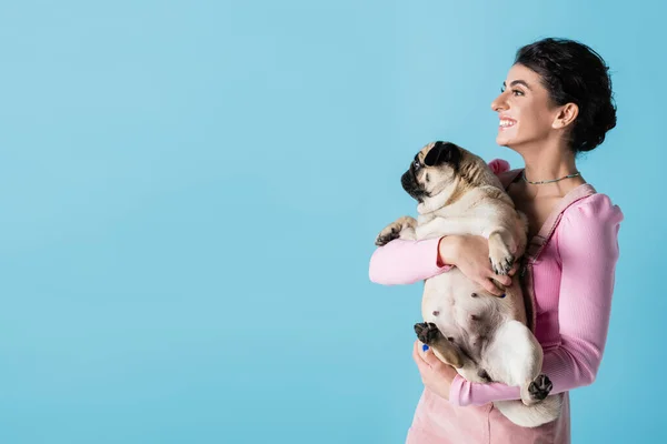 Fröhliche und stilvolle Frau mit Mops-Hund in den Händen, der isoliert auf blauem Grund wegschaut — Stockfoto