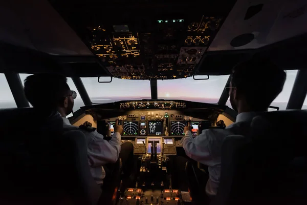 Back view of professionals piloting modern airplane — Stock Photo