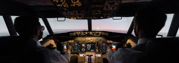 Visão traseira de profissionais pilotando avião, banner — Fotografia de Stock