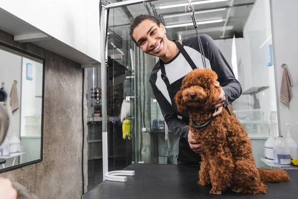 Cheerful african american groomer smiling at camera near poodle on grooming table — Stock Photo