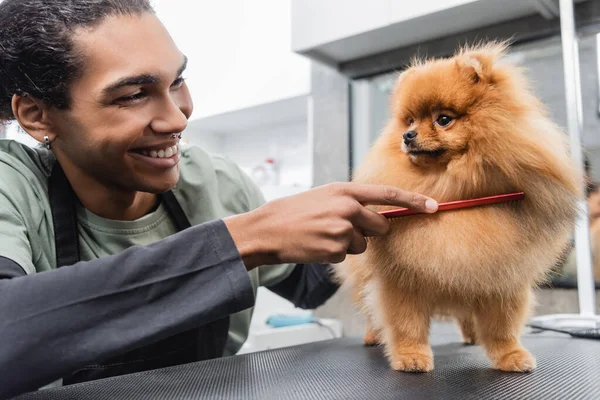 Smiling african american pet hairdresser brushing spitz on grooming table — Stock Photo