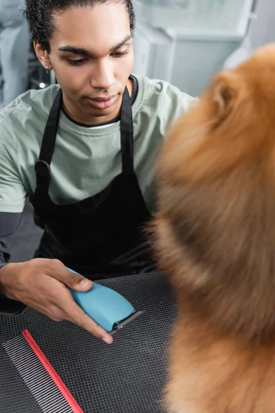 African american groomer holding electric trimmer near blurred dog — Stock Photo