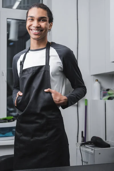 Heureux toiletteur afro-américain dans tablier souriant à la caméra dans le salon de toilettage — Photo de stock