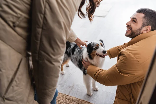 Feliz barbudo hombre en invierno chaqueta abrazo australiano pastor perro cerca de novia - foto de stock