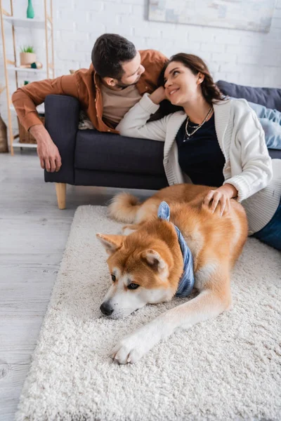 Cheerful young woman looking at blurred boyfriend on couch near akita inu dog — Stock Photo
