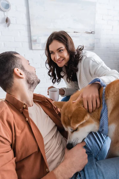 Happy woman holding cup of coffee and looking at bearded man near akita inu dog — Stock Photo
