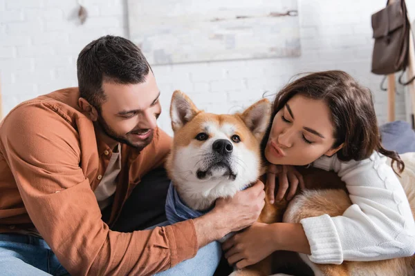 Joven pareja abrazando akita inu perro en casa - foto de stock
