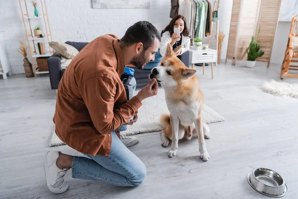 Счастливый человек кормит akita inu собака с кормом для домашних животных рядом размытая подруга со смартфоном — стоковое фото
