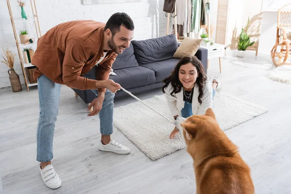 Happy young woman looking at smiling boyfriend playing with akita inu dog — Stock Photo