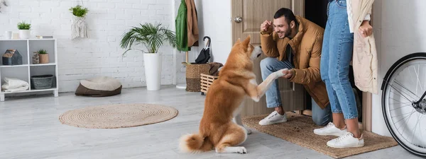Akita inu dog giving paw to happy man in winter jacket near girlfriend, banner — Stock Photo