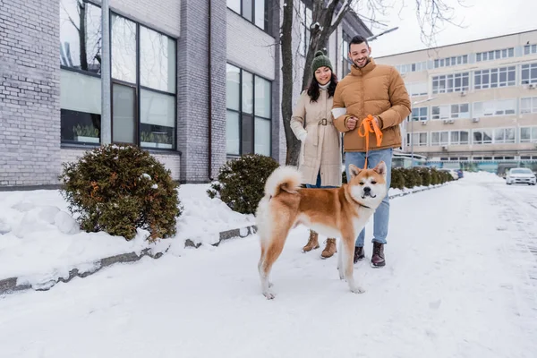 Happy man holding leash while walking with girlfriend and akita inu dog — Stock Photo