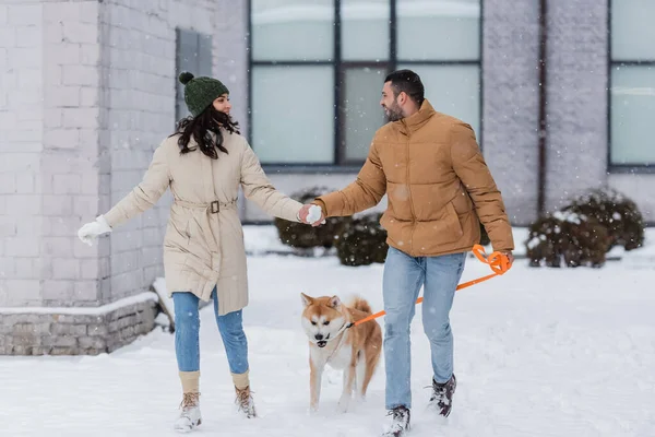 Happy man holding hands with girlfriend and walking with akita inu dog — Stock Photo