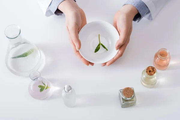 Top view of laboratory assistant holding bowl with mint leaves near flasks and bottles — Stock Photo