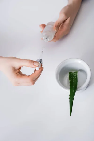 Partial view of laboratory assistant holding serum with pipette near aloe in bowl — Stock Photo