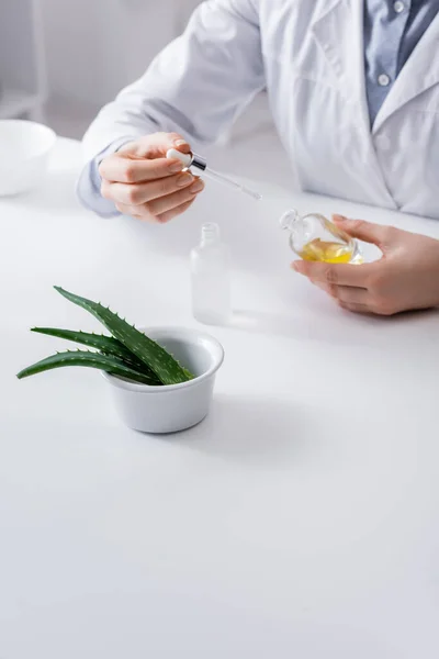 Vista ritagliata dell'assistente di laboratorio che tiene il siero con pipetta vicino all'aloe in ciotola — Foto stock