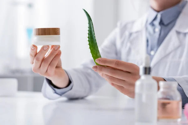 Cropped view of laboratory assistant holding aloe and container with cream in laboratory — Stock Photo