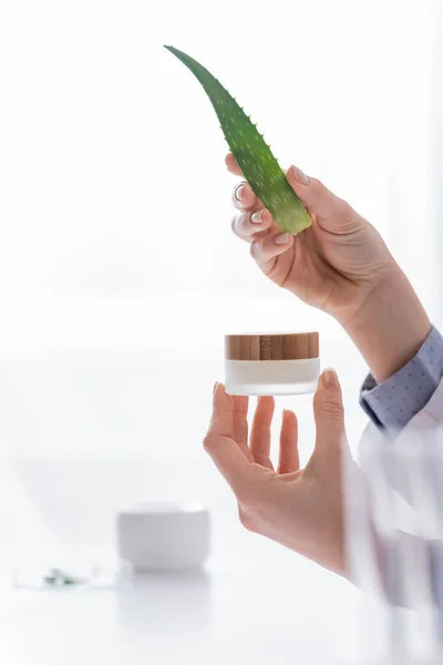 Vista cortada do químico que prende aloés e recipiente com creme no laboratório — Fotografia de Stock