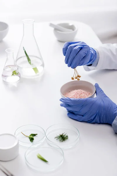 Cropped view of laboratory assistant in latex gloves holding dried flowers near bowl with powder — Stock Photo