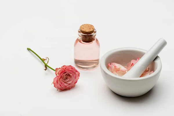 Blume in der Nähe von Stößel und Mörser mit Blütenblättern und Flasche mit Rosenwasser auf weiß — Stockfoto