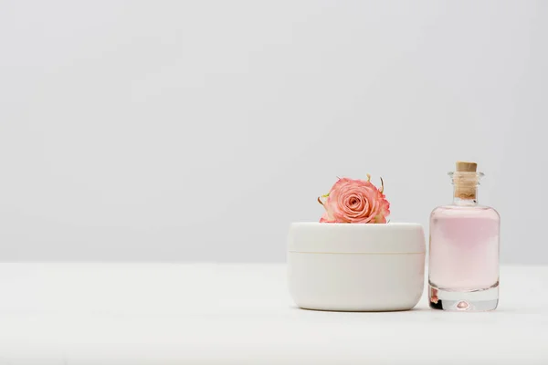 Garrafa com extrato perto do recipiente com creme e flor rosa no branco — Fotografia de Stock